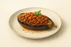 Stuffed eggplant in teriyaki sauce